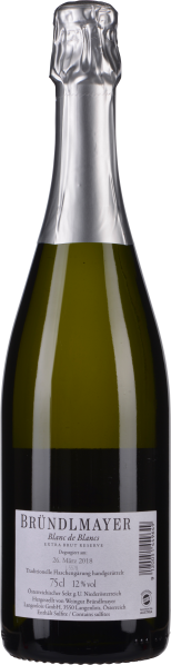 Grünliche Sektflasche mit silbernem Folienverschluss und weißem Etikett.