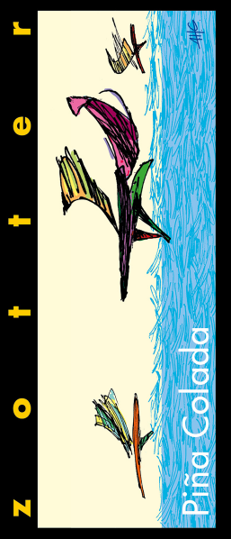 Bunte, abstrakte Zeichnung mit Pflanzenmotiven und blauer Wasserstruktur.