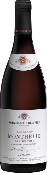 Flasche Rotwein mit eleganter, schwarzer Kapsel und klassischem Etikett.