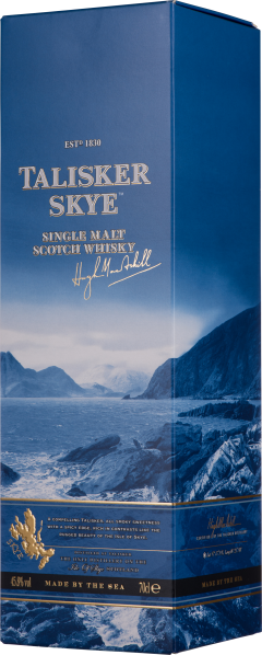 Blaue Verpackung mit maritimen Landschaftsmotiv und goldener Schrift.