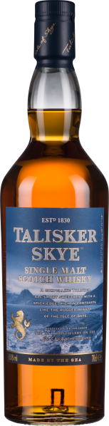 Braune Whiskyflasche mit blauem Etikett und goldenen Details.