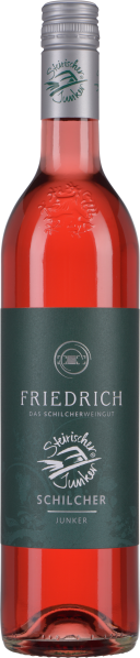 Schillernde, rosafarbene Weinflasche mit grünem Etikett und silbernem Schraubverschluss.