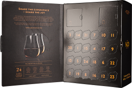 Schwarzer Adventskalender mit gold-weißen Zahlen und minimalistischen Glasgrafiken.