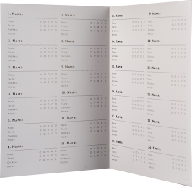Weißes, gefaltetes Verkostungsnotizblatt mit Punktbewertungssystem und Linien für Notizen.
