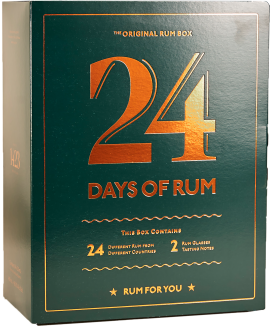 Dunkelgrüne Box mit kupferfarbener Schrift und großen Zahlen "24".