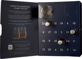 Adventskalender mit nummerierten Fächern, gefüllt mit Rumflaschen im eleganten schwarzen Design.