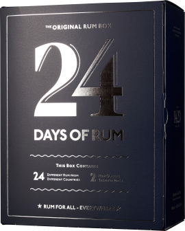 Elegante, dunkelblaue Box mit silberner Aufschrift "24 Days of Rum".