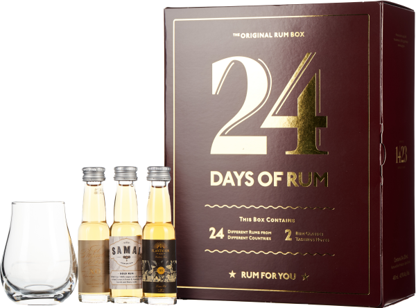 Elegantes Set mit 24 Rum-Miniaturen, edlem Glas und hochwertiger Geschenkbox.