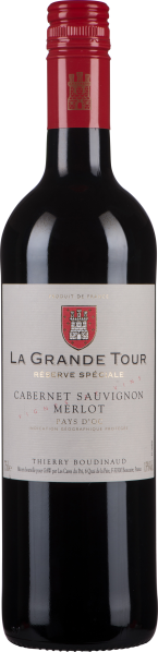 Flasche mit rotem Weinverschluss und elegantem Etikett, Wappen im Zentrum.