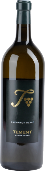 Klarglasflasche mit dunkelgrünem Etikett und goldfarbenem Logo.
