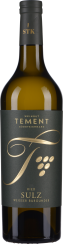 Weißwein-Flasche mit elegantem, dunkelgrünem Etikett und goldenen Akzenten.