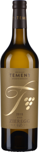 Braune Weinflasche mit goldener Schrift und Traubensymbol auf dem Etikett.