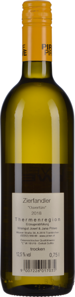 Grüne Weinflasche mit gelbem Schraubverschluss und Etikett, gefüllt mit hellem Weißwein.