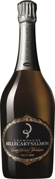 Elegante Champagnerflasche mit schwarzen Etikett und goldenen Details.