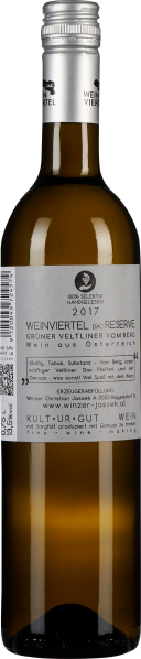 Klare grüne Weinglasflasche mit silbernem Etikett und Drehverschluss.