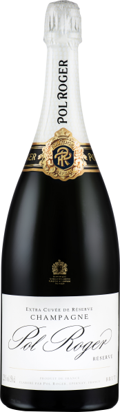 Champagnerflasche mit elegantem, schwarzem Etikett und goldenen Verzierungen.