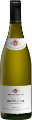 Klarglasflasche mit hellem Wein, elegantes Etikett in Weiß und Rot.
