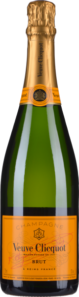 Grüne Sektflasche mit goldener Kapsel und orangefarbenem Etikett.