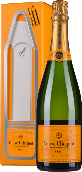 Goldene Champagnerflasche mit orangefarbener Geschenkverpackung.