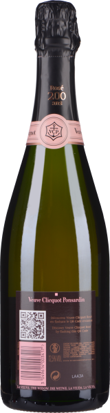 Champagnerflasche mit rosafarbenem Etikett, eleganter schwarzer Folienabschluss.