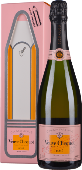 Rosé Champagnerflasche mit pinkem Etikett und Geschenkverpackung im eleganten Design.