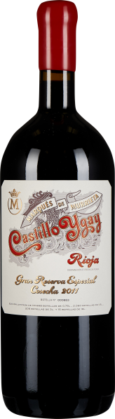 Dunkle Weinflasche mit rotem Wachssiegel, kunstvoll gestaltetem Etikett.