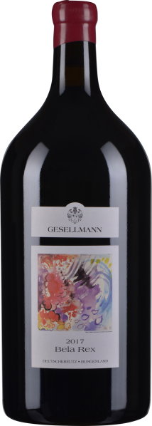 Große Weinflasche mit rotem Wachsverschluss, bunter Kunstetikett.