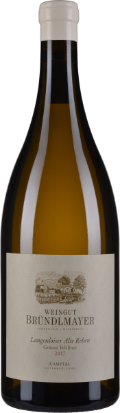 Braune Weinflasche mit cremefarbenem Etikett und weißem Verschluss.