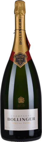 Große, grüne Champagnerflasche mit goldener und roter Verzierung.
