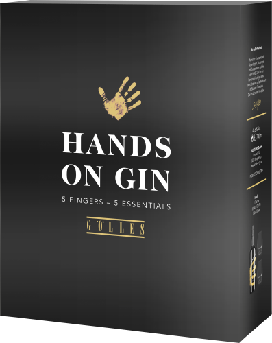 Schwarze Box mit weißer Schrift und goldener Handabdruck-Grafik.