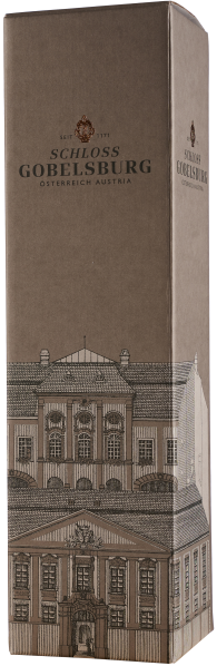 Braune Weinverpackung mit detailreichem Gebäudeillustration, elegant und klassisch gestaltet.