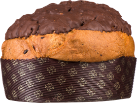 Großer Panettone, mit Schokolade überzogen, in dekorativem Papier gebacken.