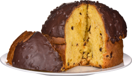 Großer Kuchen mit Schokoladenüberzug und gelber, luftiger Krume auf weißem Teller.