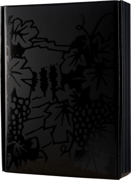 Schwarze Geschenkbox mit glänzendem, floralen Muster.