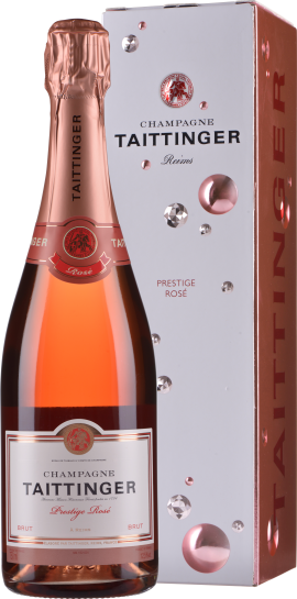 Flasche roséfarbener Champagner neben passender Geschenkbox mit eleganten grafischen Elementen und zartem Glanz.