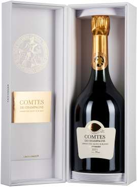 Elegante Champagnerflasche in luxuriöser, weißer Geschenkbox mit goldenem Akzent.