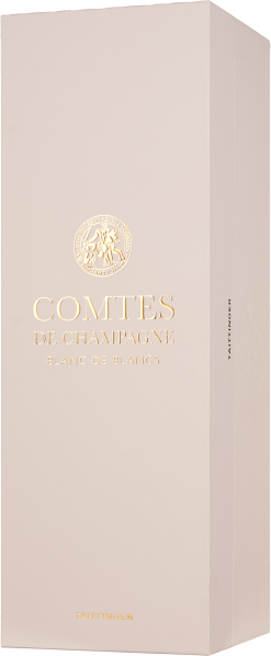 Elfenbeinfarbene Champagnerverpackung mit goldgeprägtem Schriftzug.