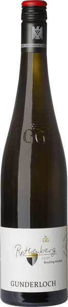 Grüne Weinflasche mit rotem Schraubverschluss und weißem Etikett.