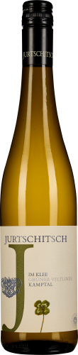 Durchscheinend goldene Weinflasche mit schwarzem Verschluss und dezent gestaltetem Etikett.