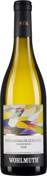 Grüne Weinflasche mit künstlerisch gestaltetem Etikett und schwarzem Verschluss.