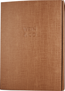 Braune Box mit strukturiertem geometrischem Muster und geprägtem Text auf der Vorderseite.