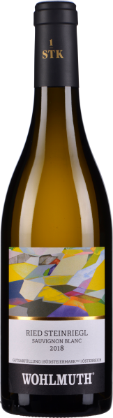 Grüne Weinflasche mit modernem, buntem Etikett und schwarzem Schraubverschluss.