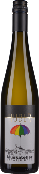 Braune Weinflasche mit schwarzem Verschluss und buntem Schirm auf dem Etikett.