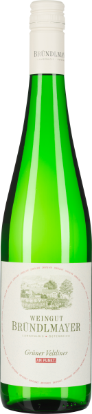 Grüne Weinflasche mit weißem Etikett und Schraubverschluss.