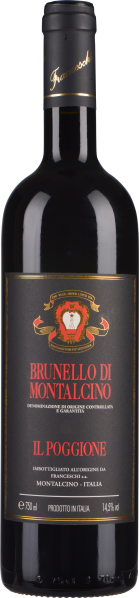 Dunkle Weinflasche mit goldenen Akzenten und rotem Etikett, elegantes Design.