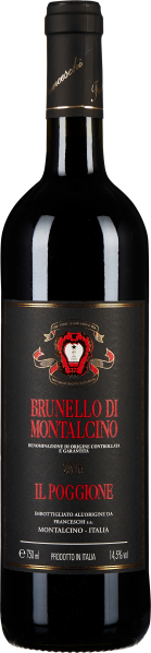 Dunkle Weinflasche mit rotem Etikett und eleganter, goldener Schrift.