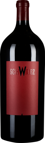 Schwarze Weinflasche mit rotem Etikett und rotem Verschluss, minimalistisch gestaltet.