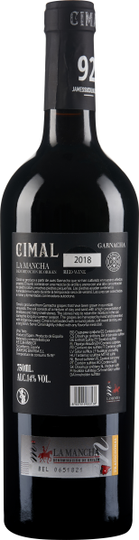 Schwarze Weinflasche mit schlichtem Etikett, Hochglanzoberfläche, Jahrgang 2018.