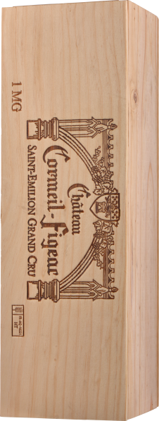Holzkiste mit kunstvoll graviertem Weindesign und klarer Maserung.