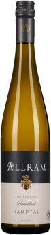 Eine schlanke, hohe Weinflasche aus grünem Glas mit schwarzem Schraubverschluss und elegantem, dunklem Etikett in der Mitte, verziert mit goldenen Akzenten.
